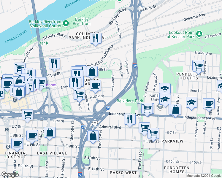 map of restaurants, bars, coffee shops, grocery stores, and more near 541 Forest Avenue in Kansas City