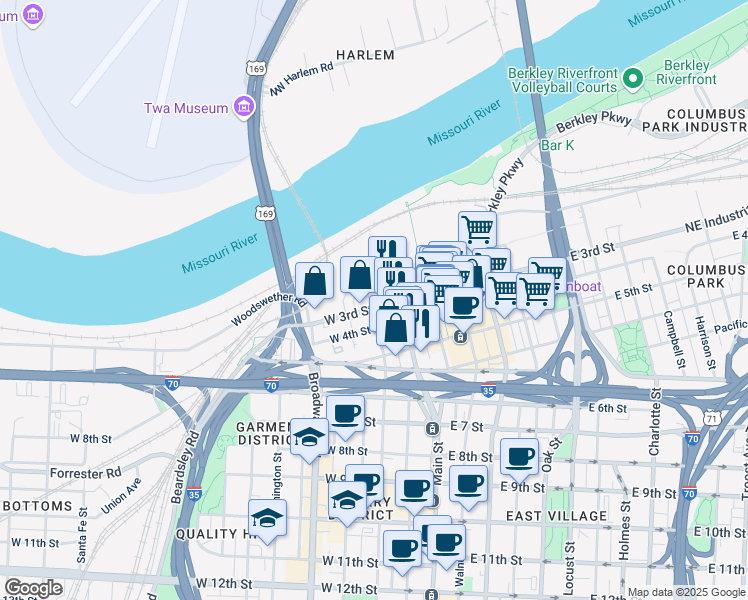 map of restaurants, bars, coffee shops, grocery stores, and more near 114A West 3rd Street in Kansas City
