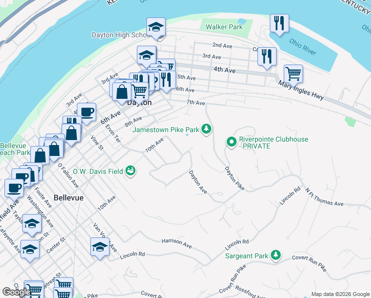 map of restaurants, bars, coffee shops, grocery stores, and more near 602 Belmont Road in Dayton