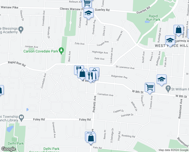map of restaurants, bars, coffee shops, grocery stores, and more near 808 Pedretti Avenue in Cincinnati