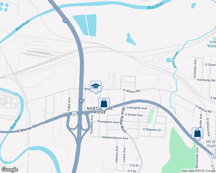 map of restaurants, bars, coffee shops, grocery stores, and more near 8514 Wilson Road in Kansas City