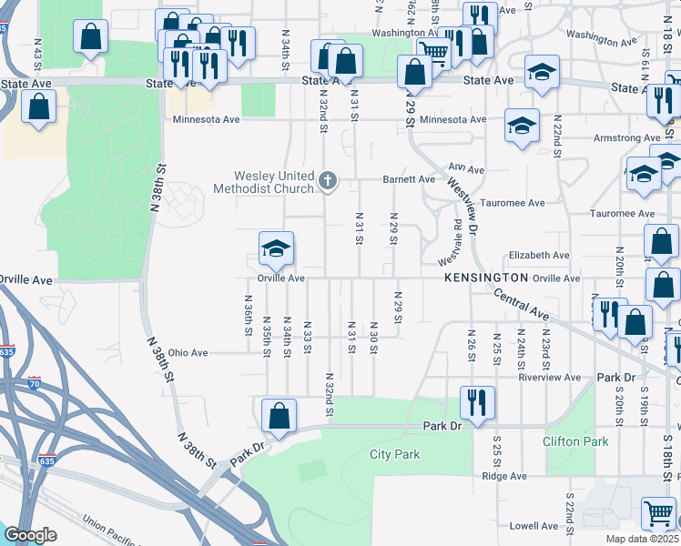 map of restaurants, bars, coffee shops, grocery stores, and more near 3108 Orville Avenue in Kansas City
