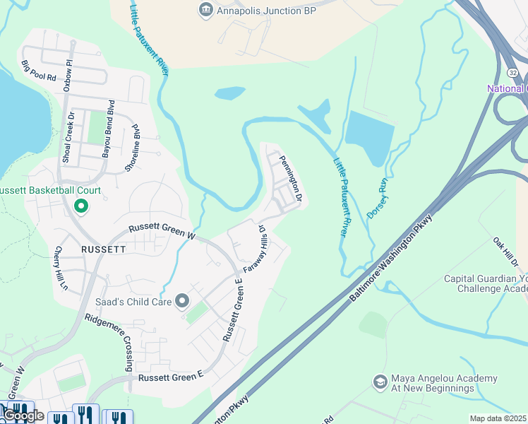 map of restaurants, bars, coffee shops, grocery stores, and more near 8010 Pennington Drive in Laurel
