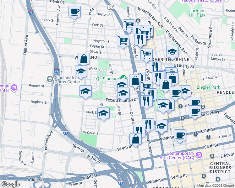map of restaurants, bars, coffee shops, grocery stores, and more near 420 Ezzard Charles Drive in Cincinnati