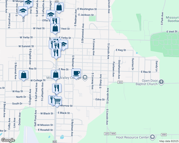 map of restaurants, bars, coffee shops, grocery stores, and more near 526 East Rea Street in Marshall