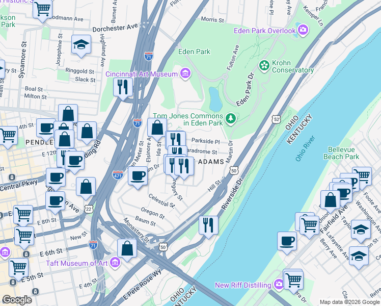 map of restaurants, bars, coffee shops, grocery stores, and more near 969 Paradrome Street in Cincinnati