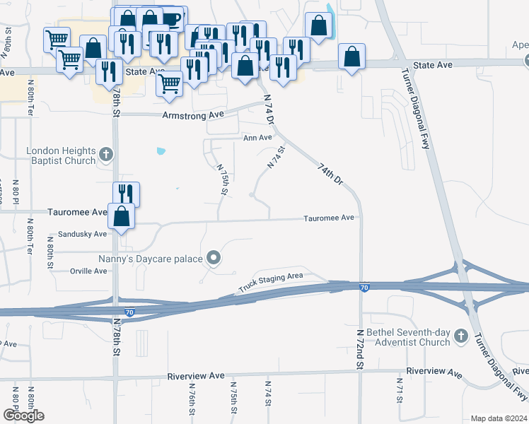 map of restaurants, bars, coffee shops, grocery stores, and more near 606 North 74th Street in Kansas City