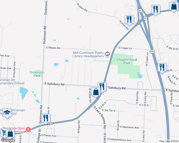map of restaurants, bars, coffee shops, grocery stores, and more near 1713 North Kiger Road in Independence