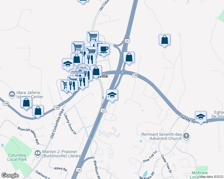 map of restaurants, bars, coffee shops, grocery stores, and more near 15231-15399 Columbia Pike in Burtonsville