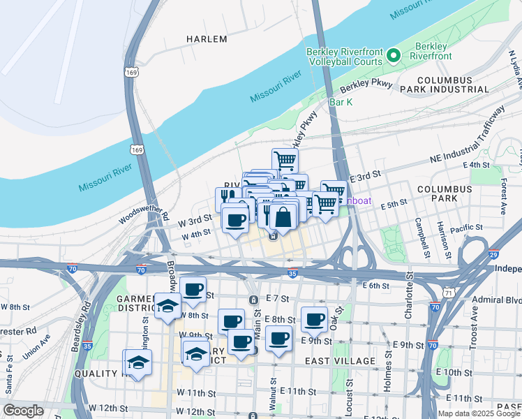 map of restaurants, bars, coffee shops, grocery stores, and more near 9 East 3rd Street in Kansas City