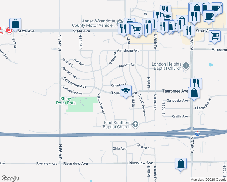 map of restaurants, bars, coffee shops, grocery stores, and more near 8304 Tauromee Avenue in Kansas City
