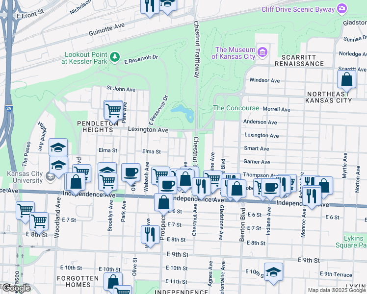 map of restaurants, bars, coffee shops, grocery stores, and more near 412 Montgall Avenue in Kansas City