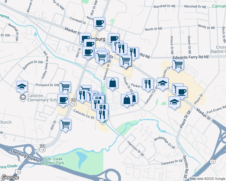 map of restaurants, bars, coffee shops, grocery stores, and more near 202 Murdoch Square Southeast in Leesburg