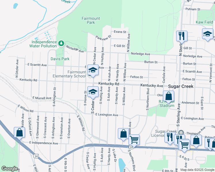 map of restaurants, bars, coffee shops, grocery stores, and more near 102 South Ash Avenue in Independence