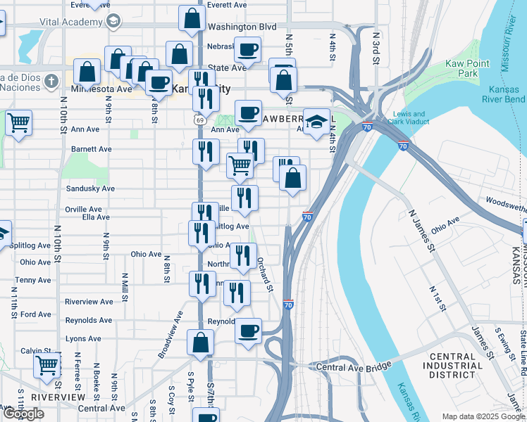 map of restaurants, bars, coffee shops, grocery stores, and more near 531 Orville Avenue in Kansas City
