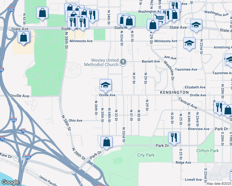 map of restaurants, bars, coffee shops, grocery stores, and more near 3218 Orville Avenue in Kansas City