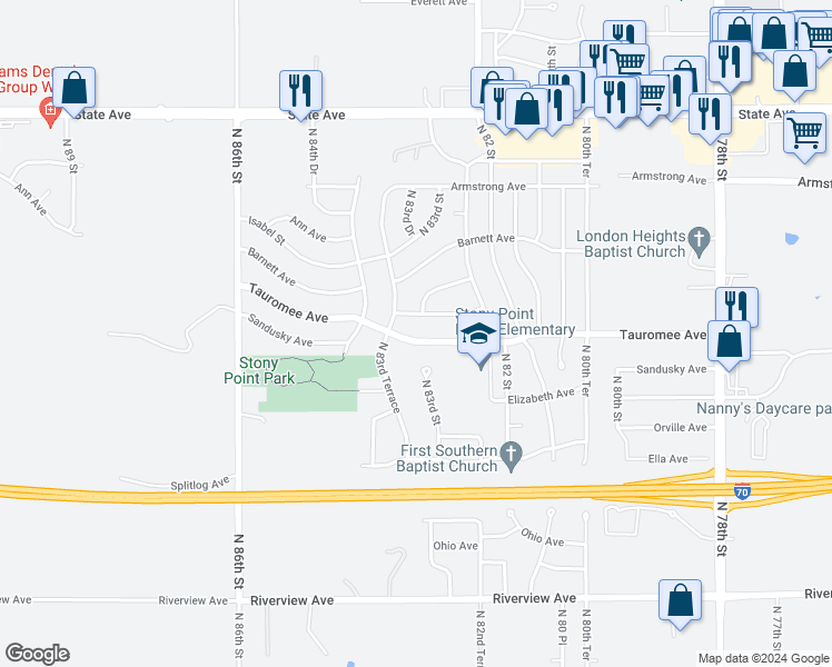 map of restaurants, bars, coffee shops, grocery stores, and more near 8322 Tauromee Avenue in Kansas City