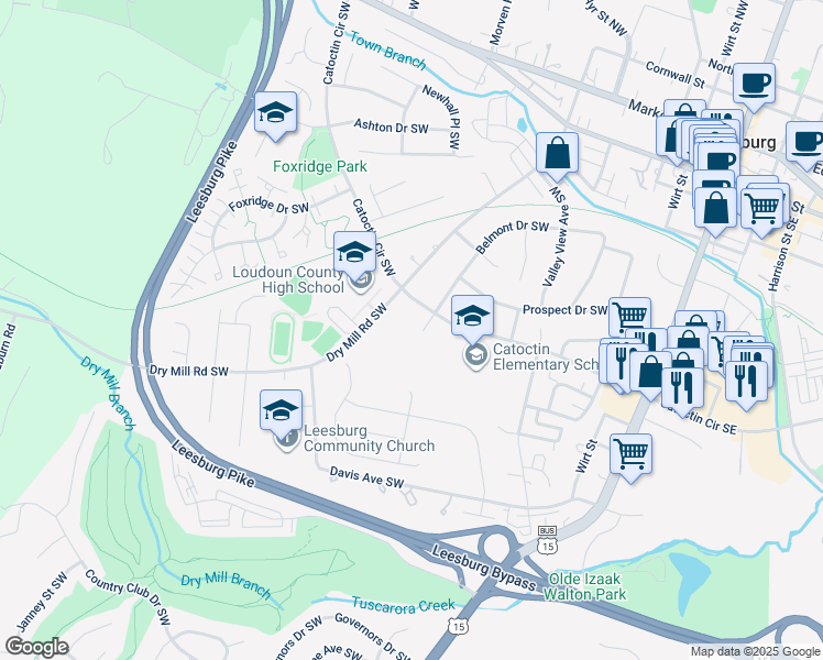 map of restaurants, bars, coffee shops, grocery stores, and more near 405 Belmont Drive Southwest in Leesburg