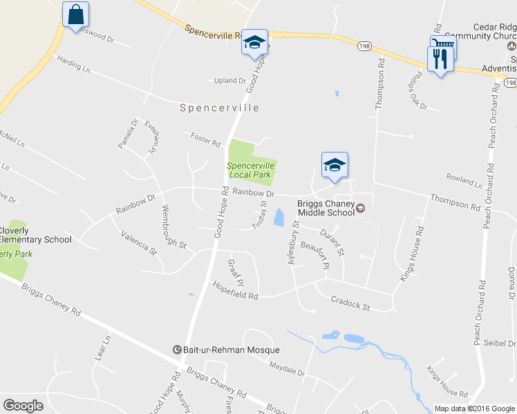 map of restaurants, bars, coffee shops, grocery stores, and more near 15440 Tindlay Street in Silver Spring