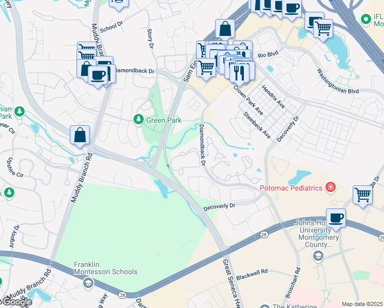 map of restaurants, bars, coffee shops, grocery stores, and more near 10010 Vanderbilt Circle in Rockville