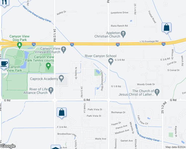 map of restaurants, bars, coffee shops, grocery stores, and more near 724 Lochwood Way in Grand Junction