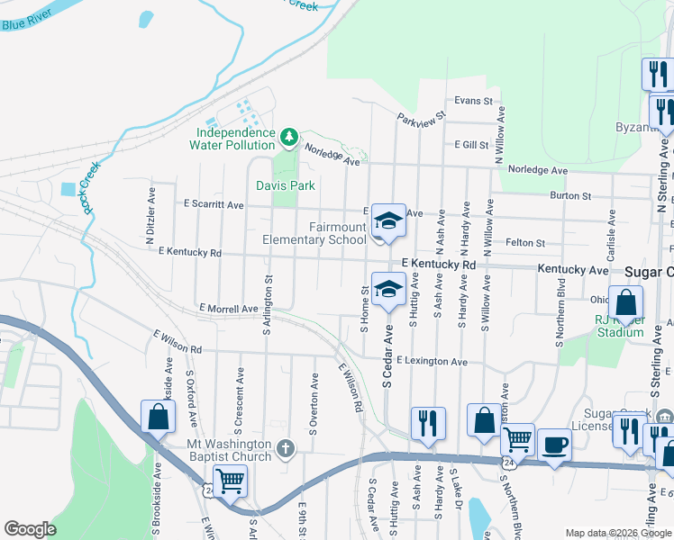 map of restaurants, bars, coffee shops, grocery stores, and more near 115 South Hawthorne Avenue in Independence