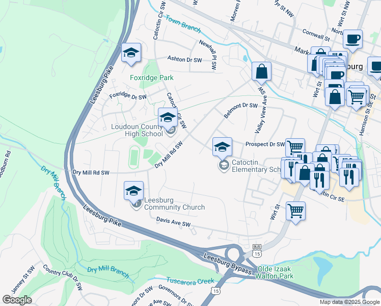 map of restaurants, bars, coffee shops, grocery stores, and more near 405 Belmont Drive Southwest in Leesburg