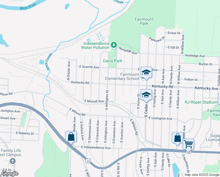 map of restaurants, bars, coffee shops, grocery stores, and more near 105 South Arlington Avenue in Independence