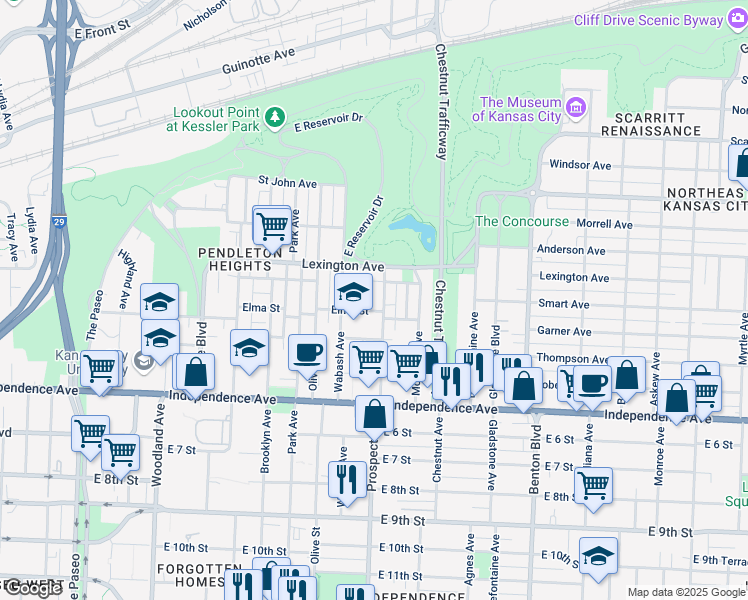 map of restaurants, bars, coffee shops, grocery stores, and more near 418 Prospect Avenue in Kansas City