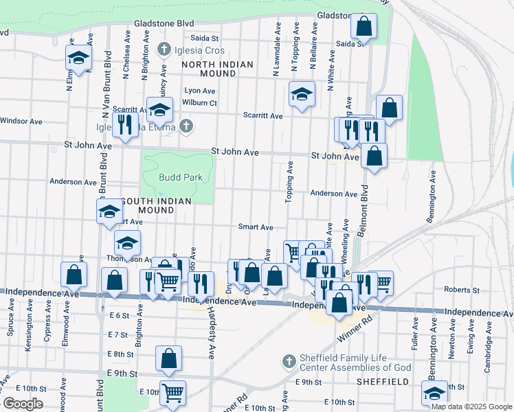 map of restaurants, bars, coffee shops, grocery stores, and more near 329 South Oakley Avenue in Kansas City