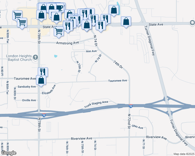 map of restaurants, bars, coffee shops, grocery stores, and more near 607 North 74th Street in Kansas City