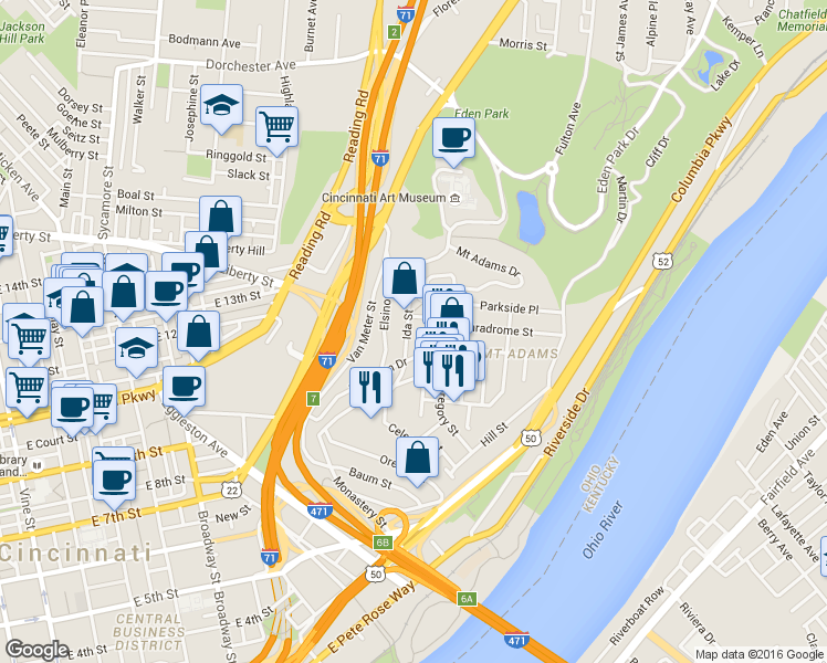 map of restaurants, bars, coffee shops, grocery stores, and more near 907 Paradrome Street in Cincinnati