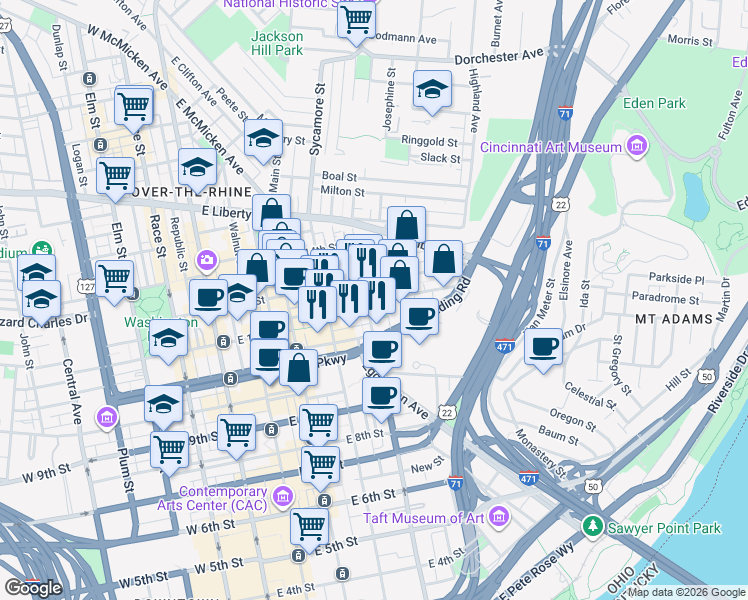 map of restaurants, bars, coffee shops, grocery stores, and more near 1131 Broadway Street in Cincinnati