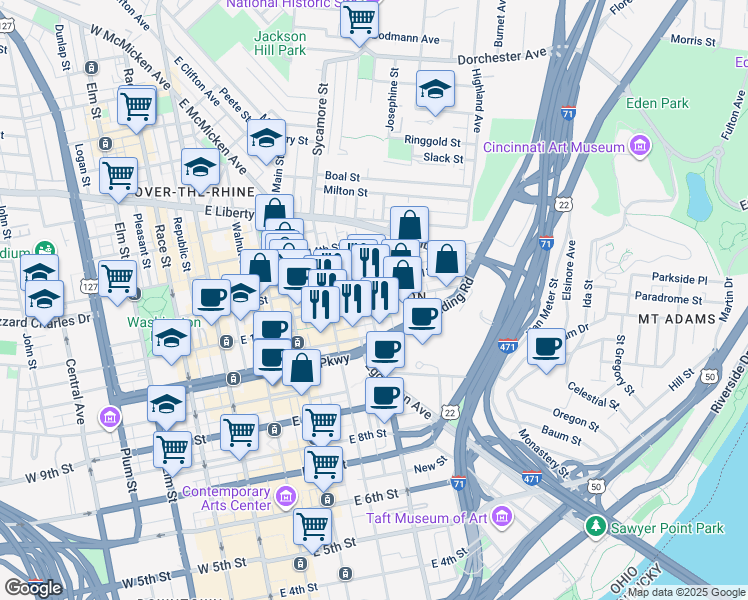 map of restaurants, bars, coffee shops, grocery stores, and more near 1131 Broadway Street in Cincinnati