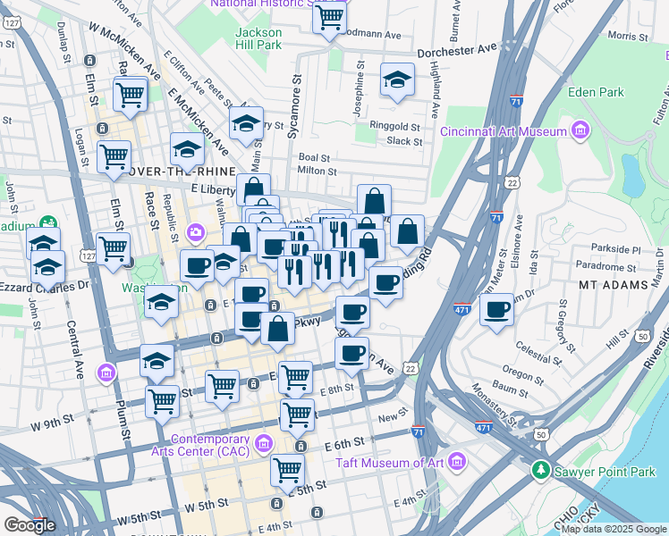 map of restaurants, bars, coffee shops, grocery stores, and more near 1131 Broadway Street in Cincinnati
