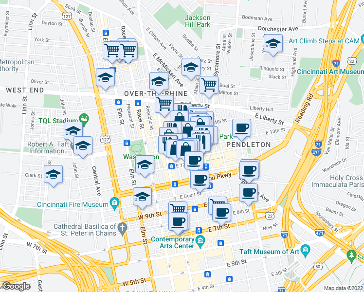map of restaurants, bars, coffee shops, grocery stores, and more near 1232 Walnut Street in Cincinnati