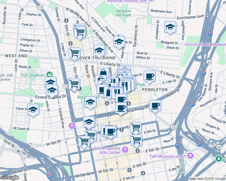 map of restaurants, bars, coffee shops, grocery stores, and more near 1232 Walnut Street in Cincinnati