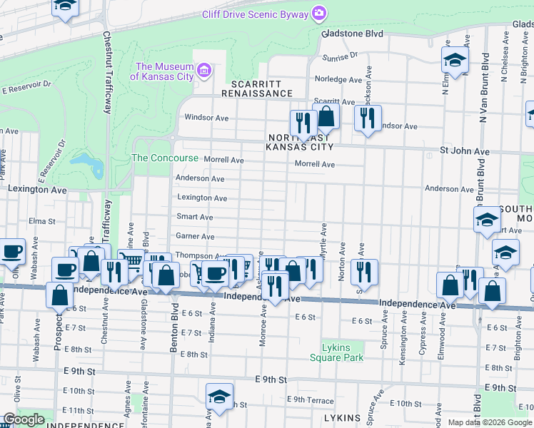 map of restaurants, bars, coffee shops, grocery stores, and more near 400 Askew Avenue in Kansas City