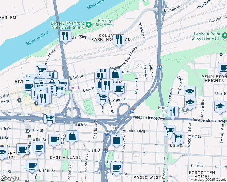 map of restaurants, bars, coffee shops, grocery stores, and more near 527 Gillis Street in Kansas City