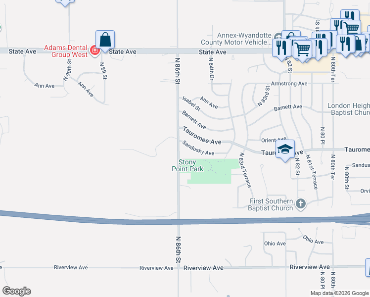 map of restaurants, bars, coffee shops, grocery stores, and more near 539 North 86th Street in Kansas City