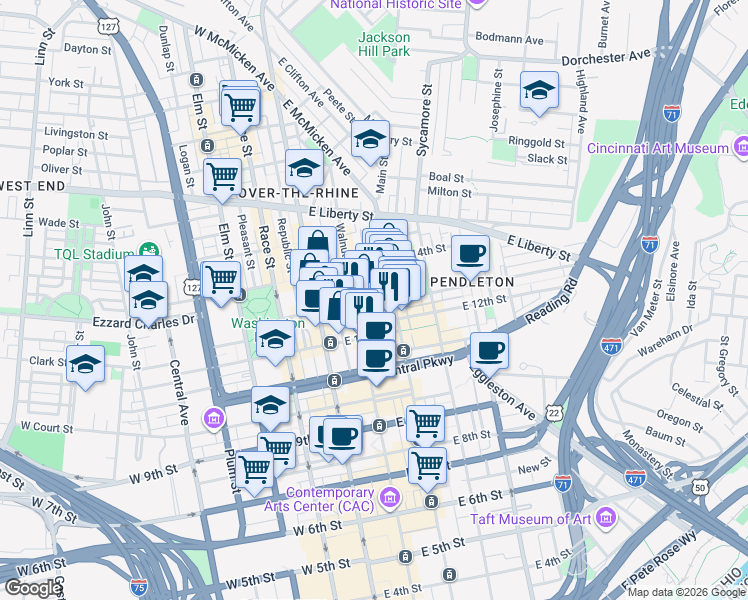 map of restaurants, bars, coffee shops, grocery stores, and more near Clay Street in Cincinnati