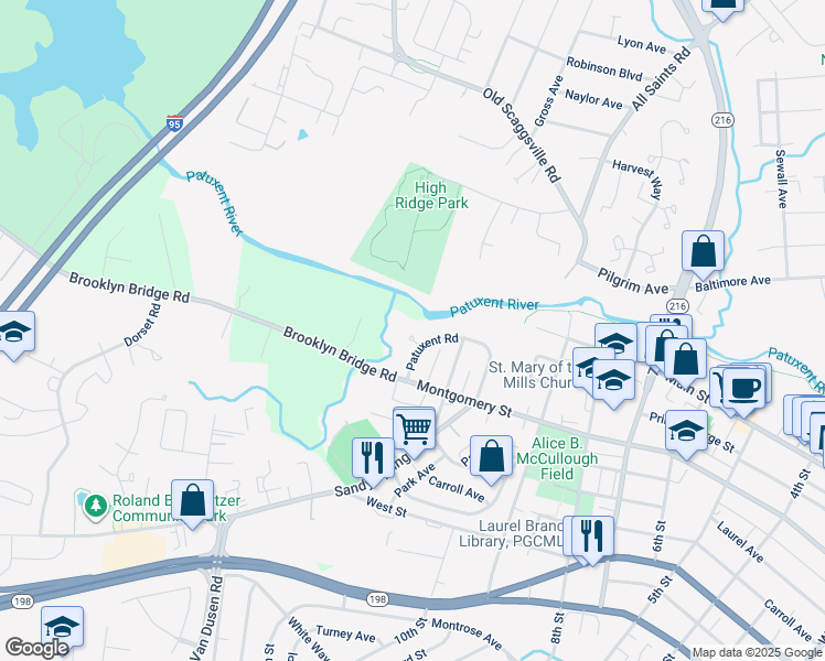 map of restaurants, bars, coffee shops, grocery stores, and more near 211 Patuxent Road in Laurel