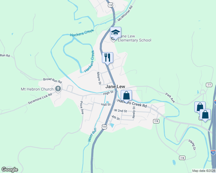 map of restaurants, bars, coffee shops, grocery stores, and more near in Jane Lew