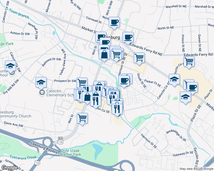 map of restaurants, bars, coffee shops, grocery stores, and more near 416 Madison Court Southeast in Leesburg