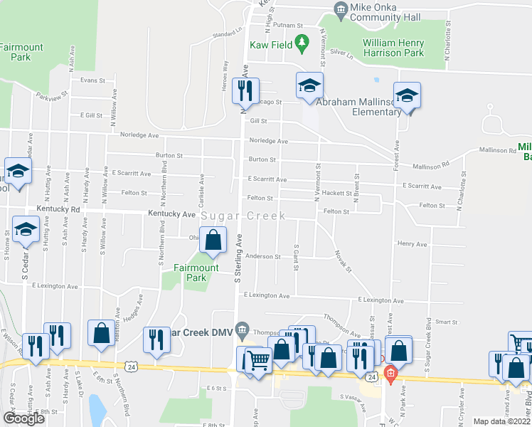 map of restaurants, bars, coffee shops, grocery stores, and more near 11222 Kentucky Avenue in Sugar Creek