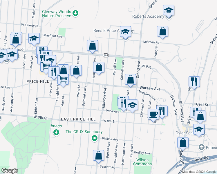 map of restaurants, bars, coffee shops, grocery stores, and more near 3311 Warsaw Avenue in Cincinnati