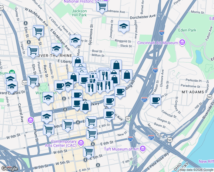 map of restaurants, bars, coffee shops, grocery stores, and more near 404 East 12th Street in Cincinnati