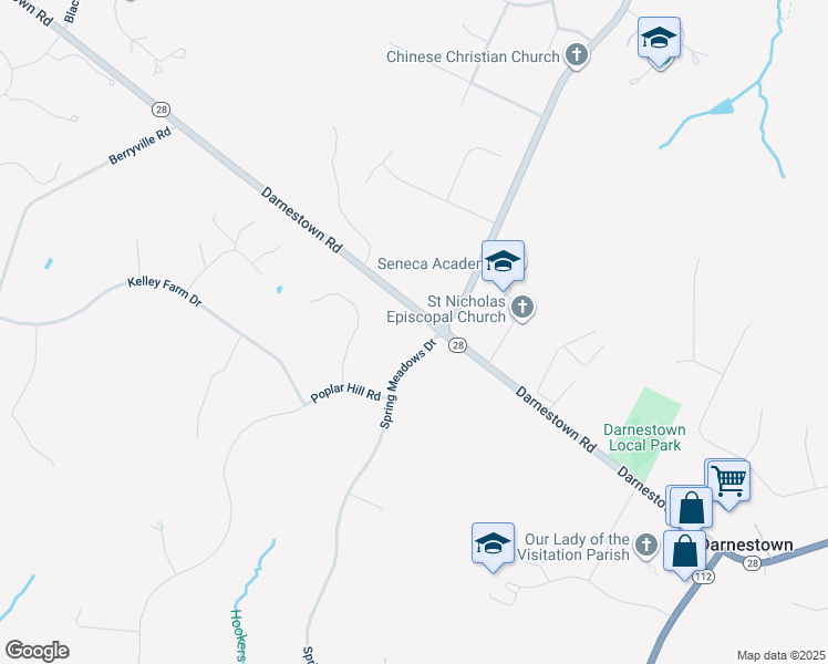 map of restaurants, bars, coffee shops, grocery stores, and more near 15412 Spring Meadows Drive in Darnestown