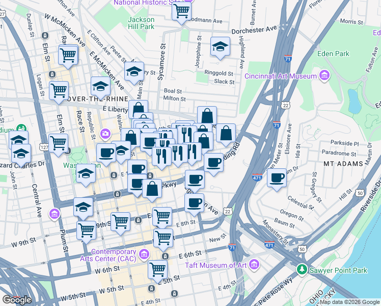 map of restaurants, bars, coffee shops, grocery stores, and more near 404 East 12th Street in Cincinnati