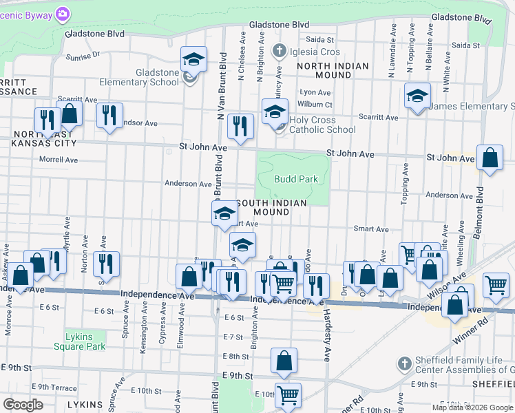 map of restaurants, bars, coffee shops, grocery stores, and more near 336 Brighton Avenue in Kansas City